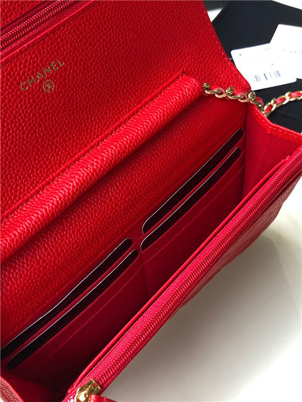 Classic Wallet on Chain A33814 Grained Calfskin Gold/Silver Metal Red A