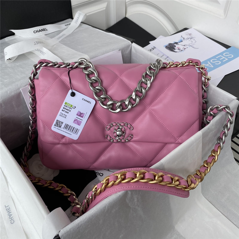 Large Chanel 19 Flap Bag Goatskin/Lambskin Dark Pink Silver High