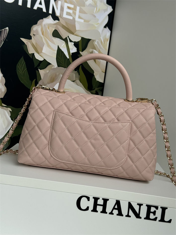 FLAP BAG WITH TOP HANDLE Grained Calfskin Pink-binding Gold Metal High