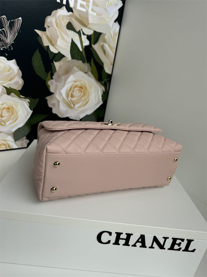 FLAP BAG WITH TOP HANDLE Grained Calfskin Pink-binding Gold Metal High