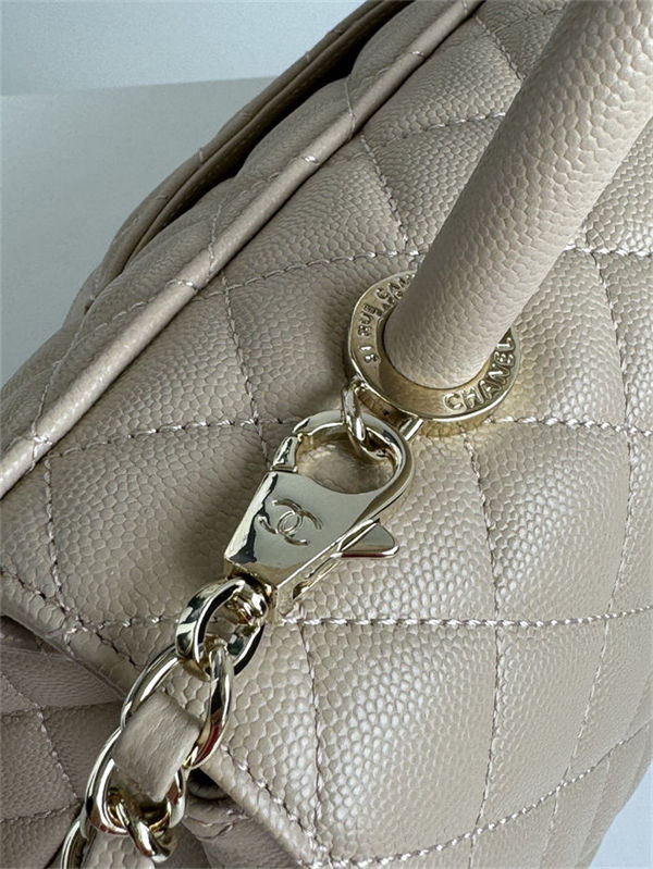 FLAP BAG WITH TOP HANDLE Grained Calfskin Beige-binding Gold Metal High