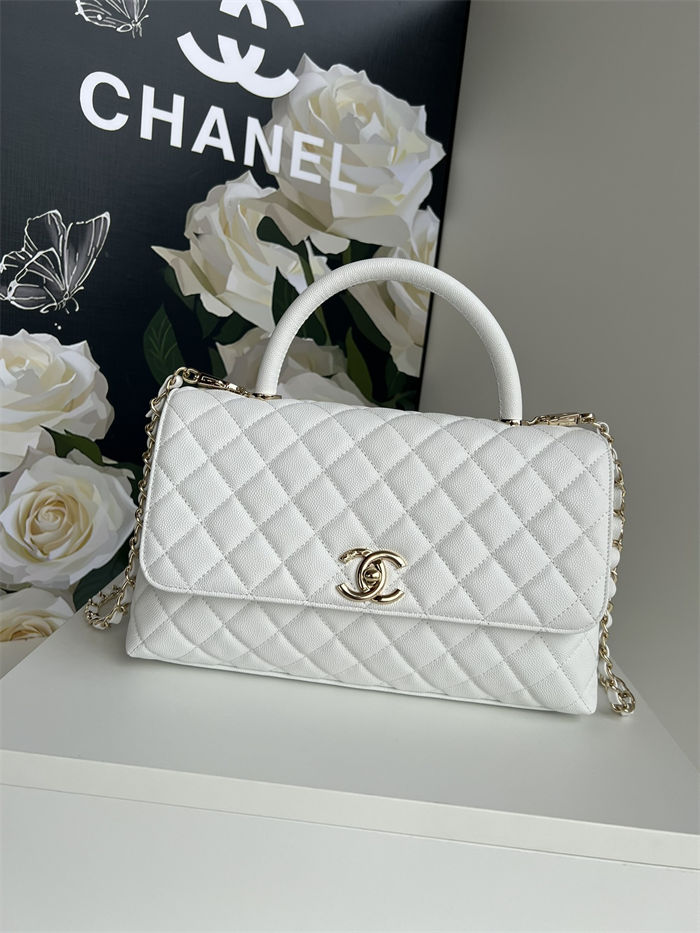 FLAP BAG WITH TOP HANDLE Grained Calfskin White-binding Gold Metal High