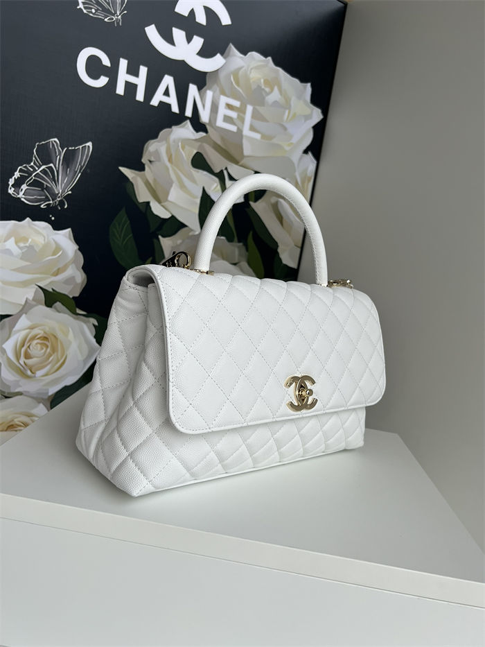 FLAP BAG WITH TOP HANDLE Grained Calfskin White-binding Gold Metal High