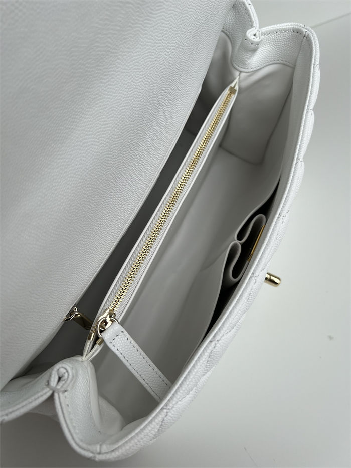 FLAP BAG WITH TOP HANDLE Grained Calfskin White-binding Gold Metal High