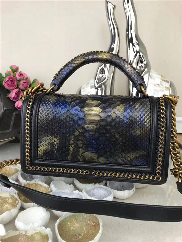 BOY Chanel FLAP BAG WITH HANDLE Python & Gold Metal High