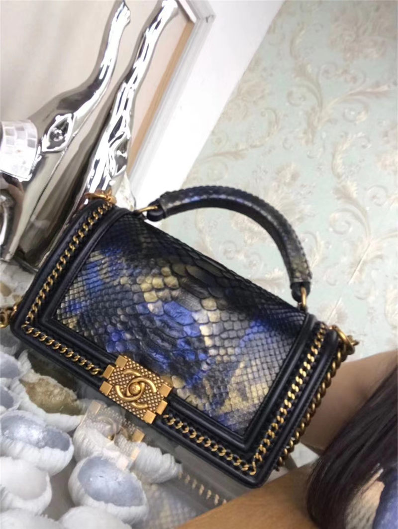 BOY Chanel FLAP BAG WITH HANDLE Python & Gold Metal High