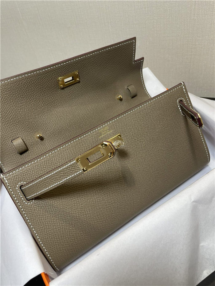 Hermes Kelly Classique To Go wallet Epsom calfskin Etoupe Gold-Metal WAX High