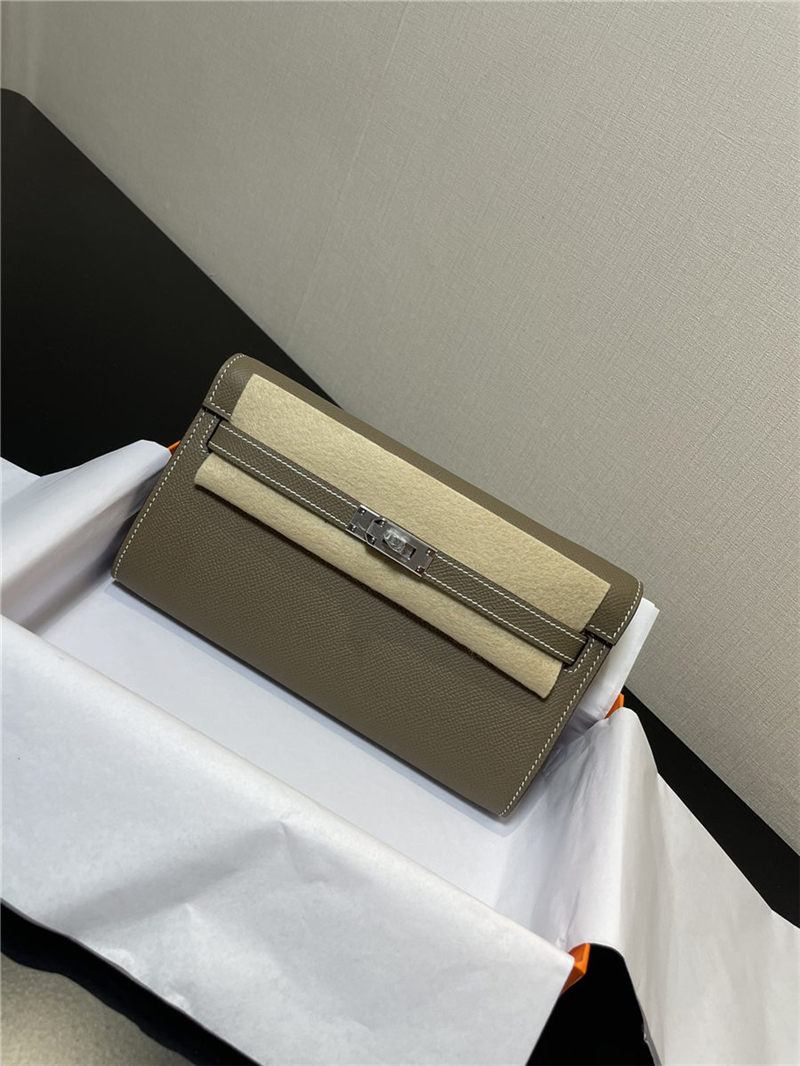 Hermes Kelly Classique To Go wallet Epsom calfskin Etoupe Silver-Metal WAX High