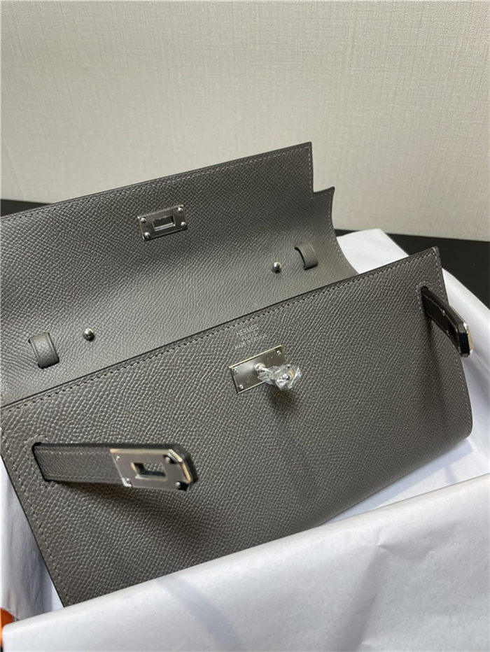 Hermes Kelly Classique To Go wallet Epsom calfskin Dark Grey Silver-Metal WAX High