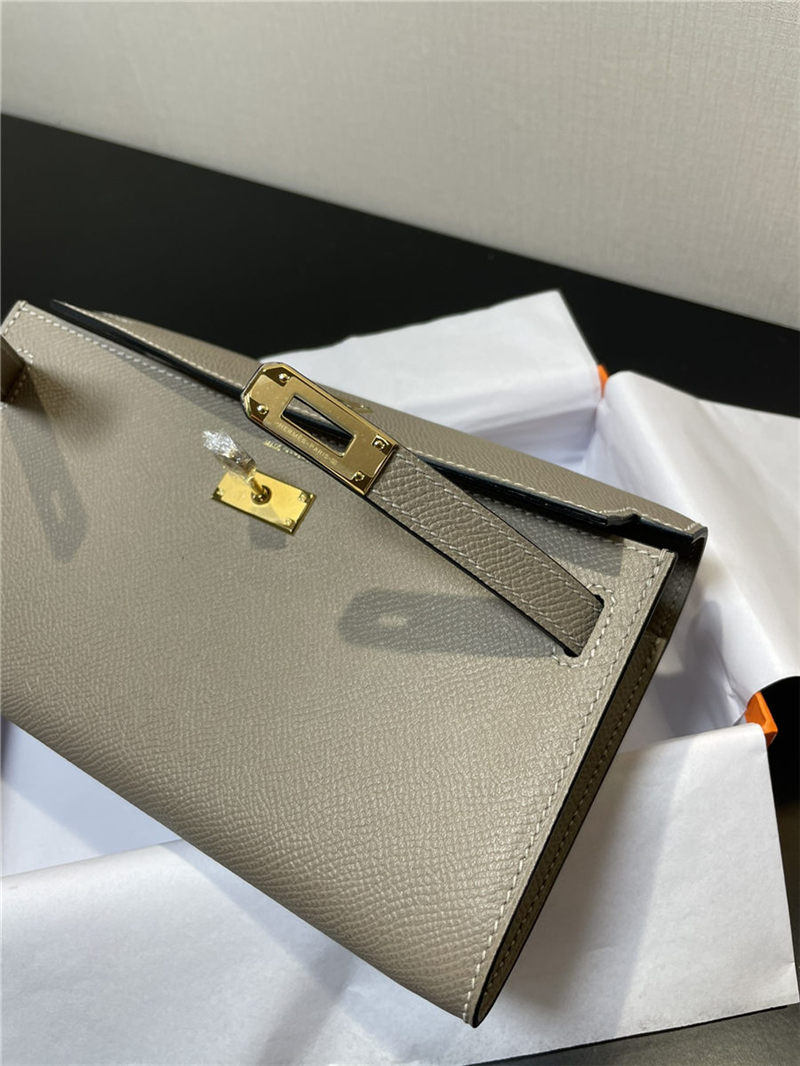 Hermes Kelly Classique To Go wallet Epsom calfskin Light Grey Gold-Metal WAX High