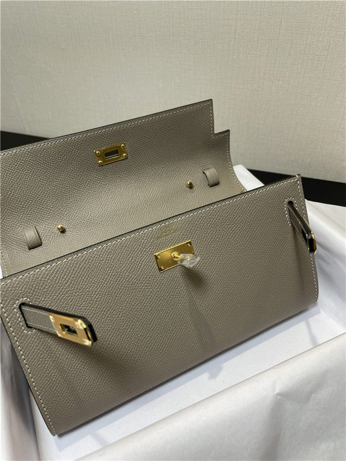 Hermes Kelly Classique To Go wallet Epsom calfskin Light Grey Gold-Metal WAX High