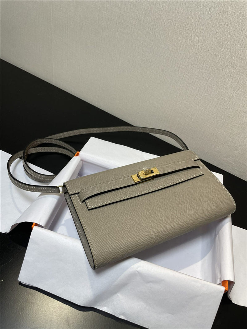 Hermes Kelly Classique To Go wallet Epsom calfskin Light Grey Gold-Metal WAX High