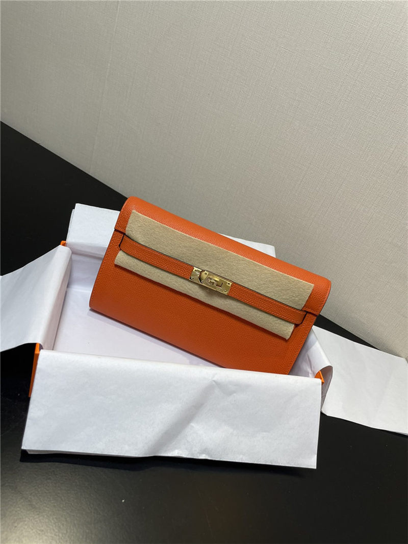 Hermes Kelly Classique To Go wallet Epsom calfskin Orange Gold-Metal WAX High