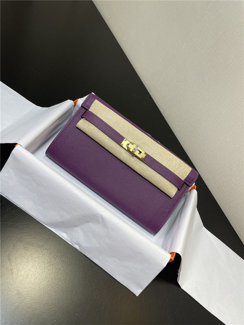 Hermes Kelly Classique To Go wallet Epsom calfskin Purple Gold-Metal WAX High