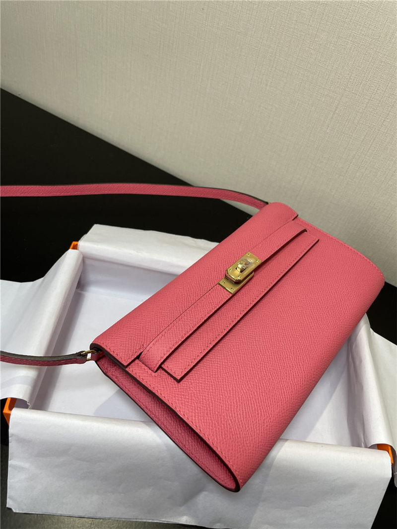 Hermes Kelly Classique To Go wallet Epsom calfskin Rose Pink Gold-Metal WAX High