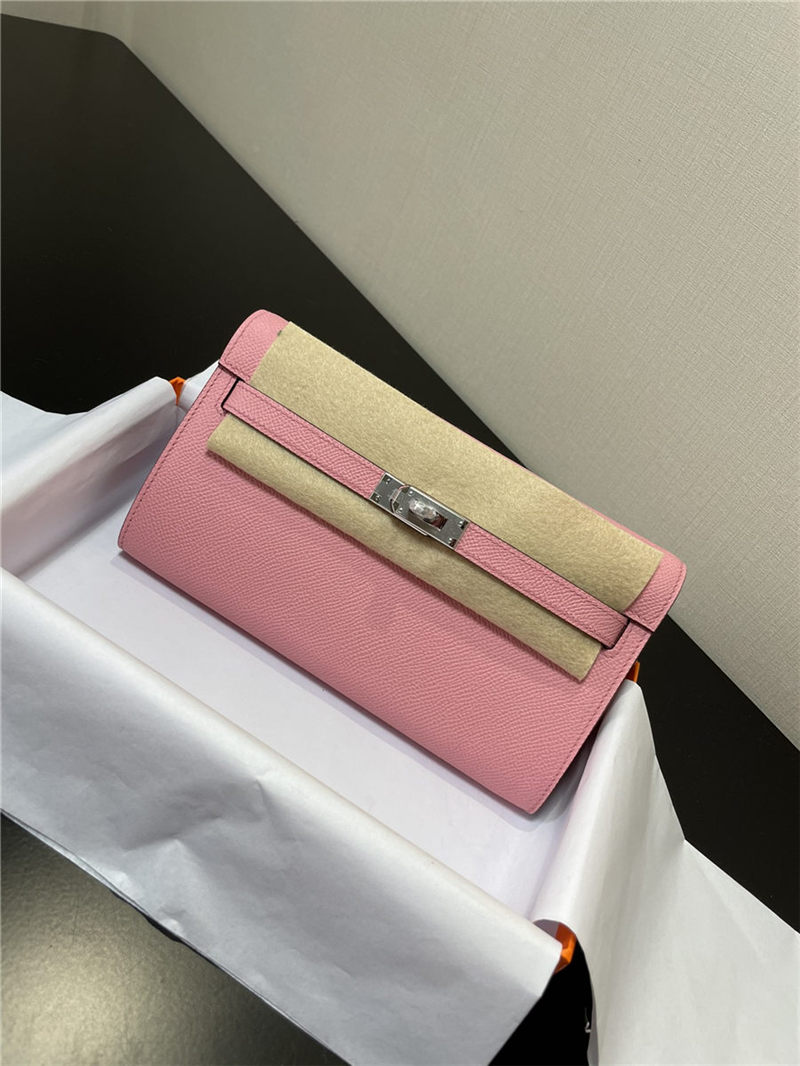 Hermes Kelly Classique To Go wallet Epsom calfskin Pink Silver-Metal WAX High