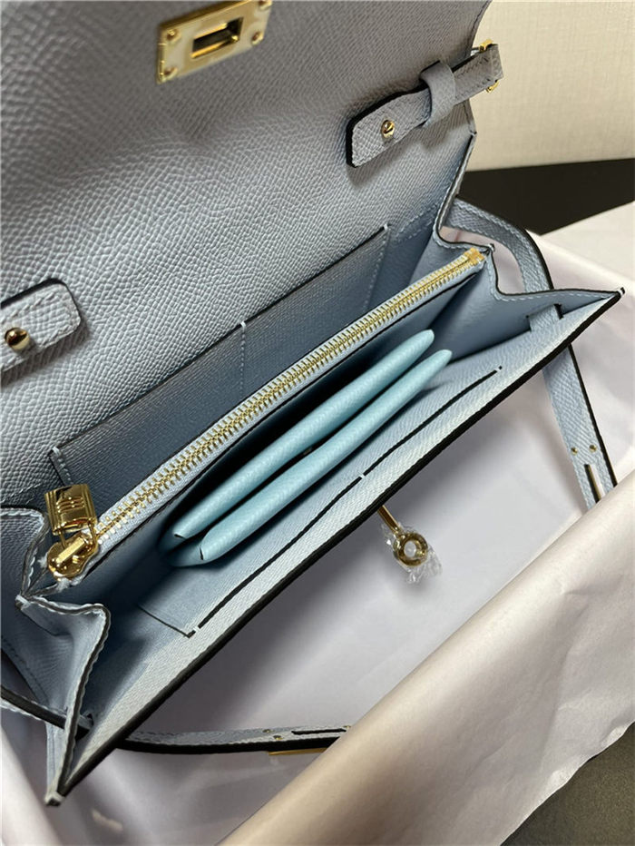 Hermes Kelly Classique To Go wallet Epsom calfskin Light Blue Gold-Metal WAX High