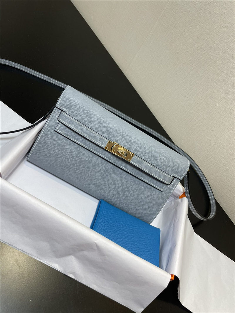 Hermes Kelly Classique To Go wallet Epsom calfskin Grey Blue Gold-Metal WAX High