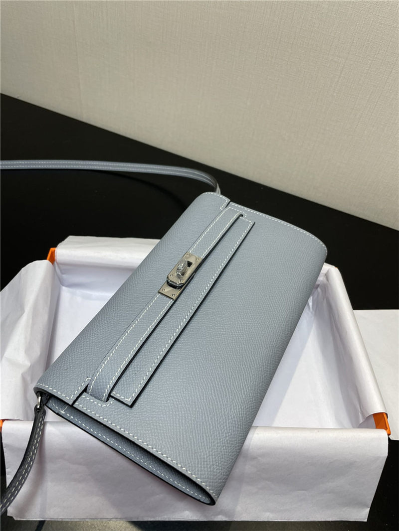 Hermes Kelly Classique To Go wallet Epsom calfskin Grey Blue Silver-Metal WAX High