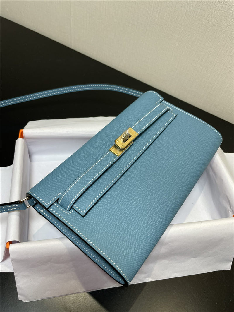 Hermes Kelly Classique To Go wallet Epsom calfskin Denim Blue Gold-Metal WAX High