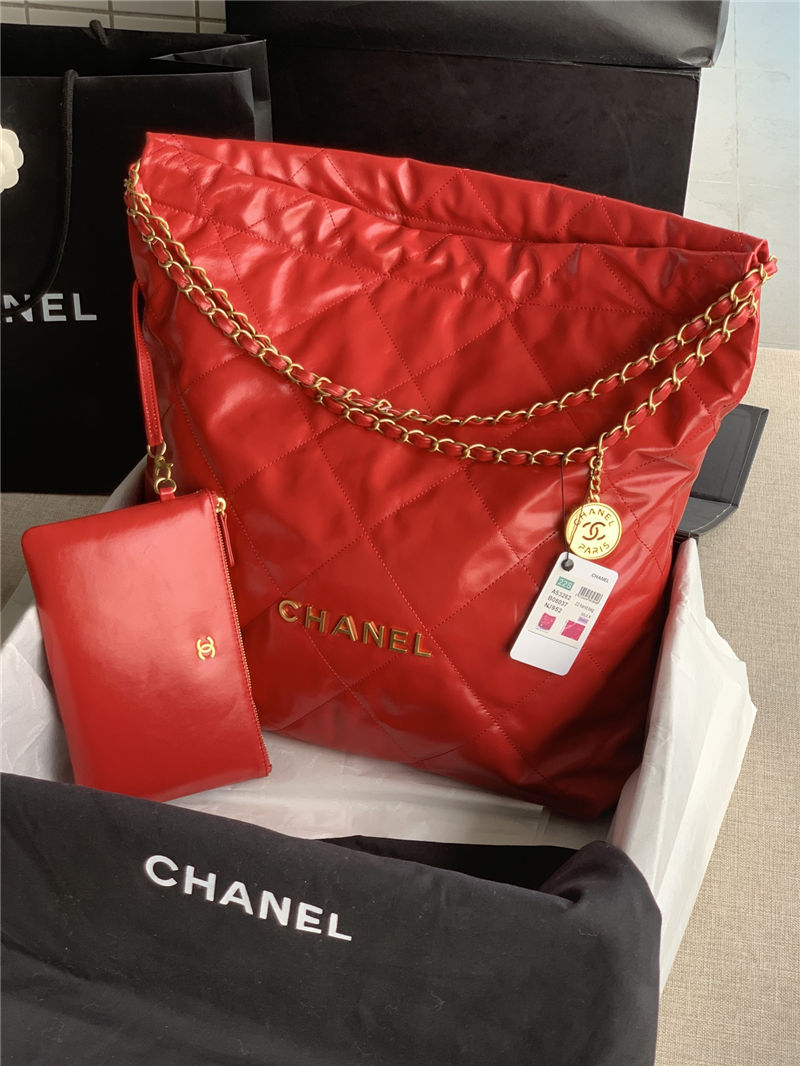 Chanel 22 LARGE HANDBAG Shiny Calfskin & Gold-Tone Metal AS3262 Red High