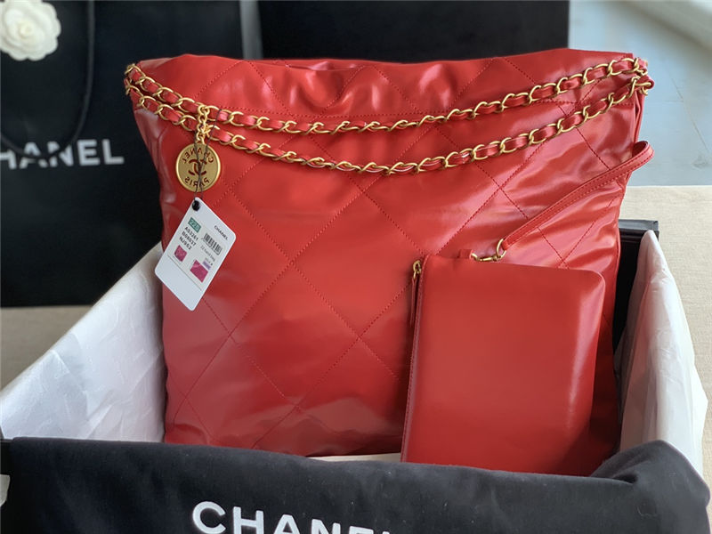 Chanel 22 MEDIUM HANDBAG Shiny Calfskin & Gold-Tone Metal AS3261 Red High