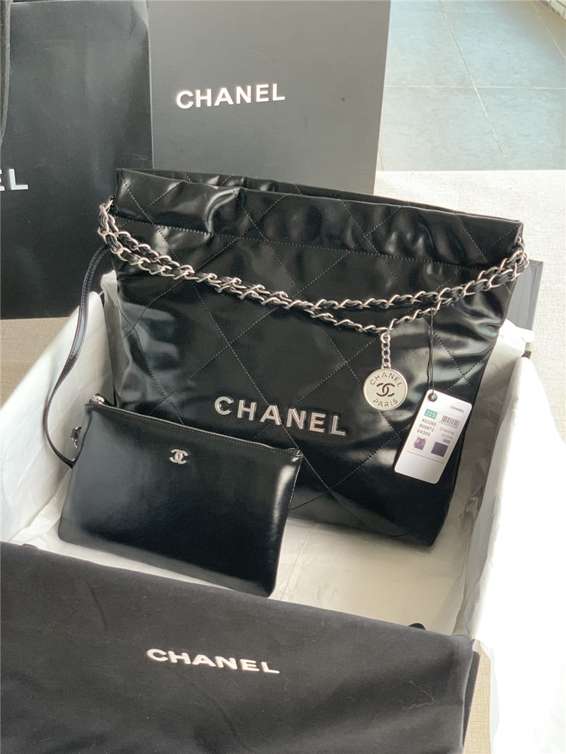 Chanel 22 SMALL HANDBAG Shiny Calfskin & Silver-Tone Metal AS3260 Black High