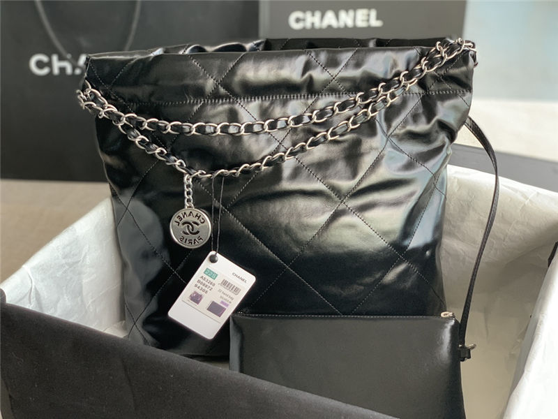 Chanel 22 SMALL HANDBAG Shiny Calfskin & Silver-Tone Metal AS3260 Black High