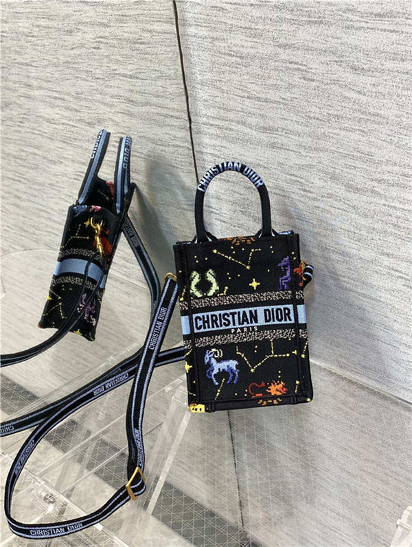 MINI Dior BOOK TOTE PHONE BAG Multicolor Dior Pixel Zodiac Embroidery Black High