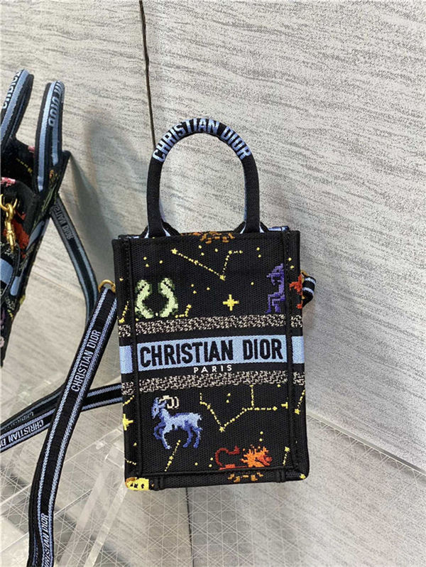 MINI Dior BOOK TOTE PHONE BAG Multicolor Dior Pixel Zodiac Embroidery Black High