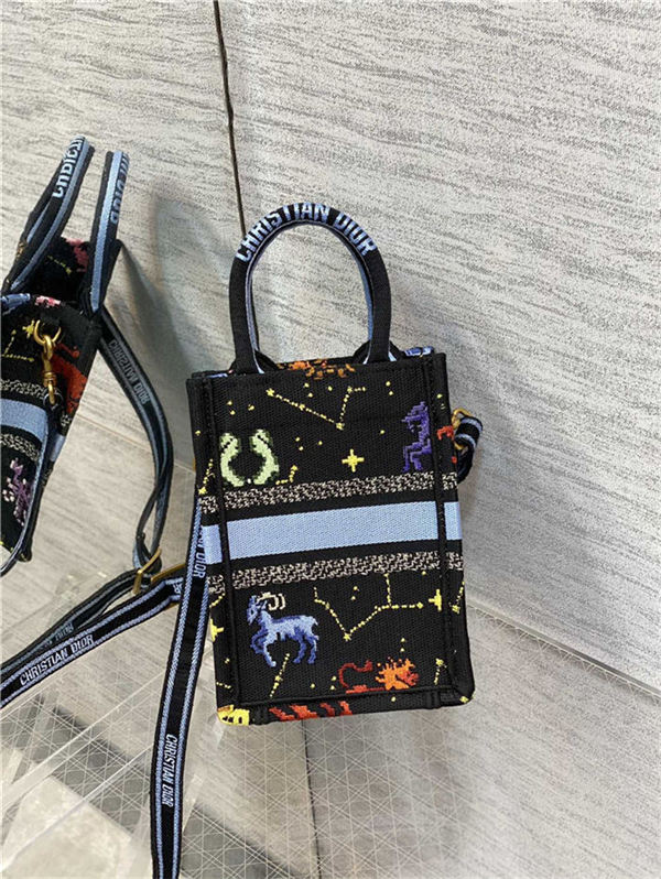 MINI Dior BOOK TOTE PHONE BAG Multicolor Dior Pixel Zodiac Embroidery Black High