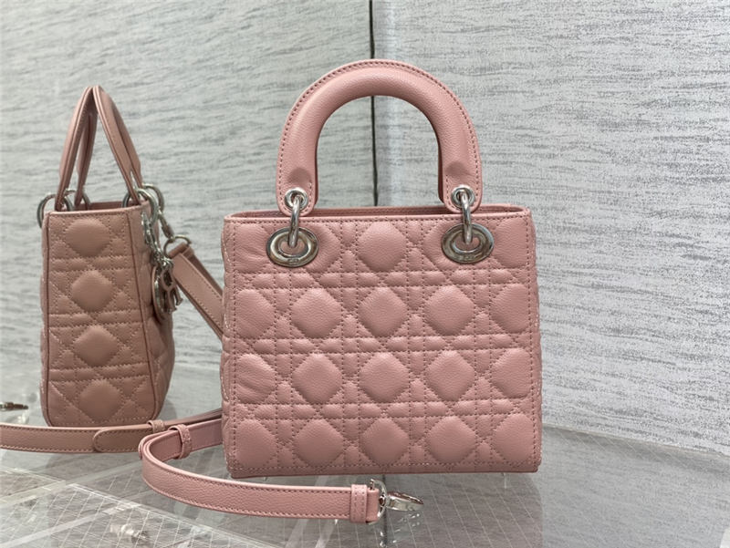 SMALL LADY Dior BAG Grained Cannage Calfskin Pink Silver-Metal High