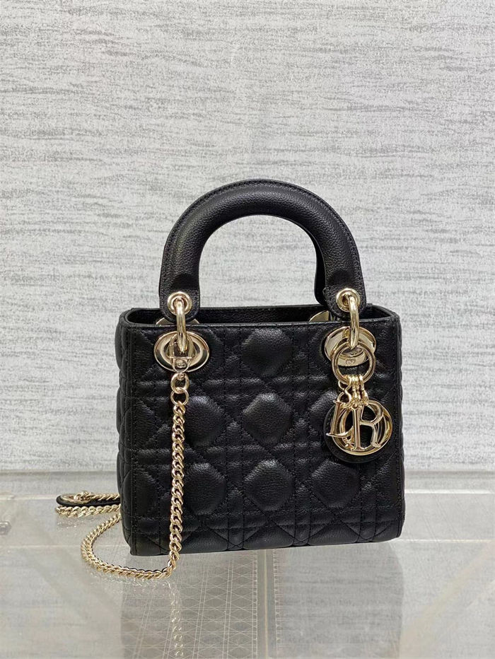 MINI LADY Dior BAG Grained Cannage Calfskin Black Gold-Metal High