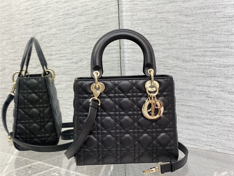 MEDIUM LADY Dior BAG Grained Cannage Calfskin Black Gold-Metal High