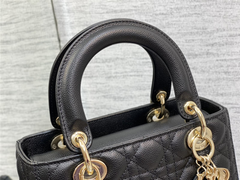 MEDIUM LADY Dior BAG Grained Cannage Calfskin Black Gold-Metal High