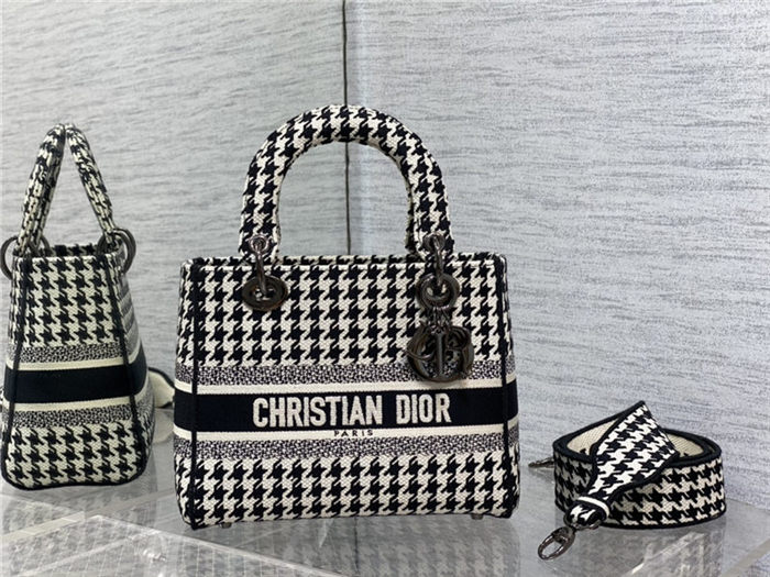 MEDIUM LADY D-LITE BAG Houndstooth Embroidery Black High