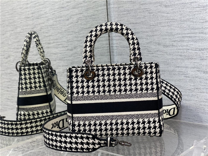 MEDIUM LADY D-LITE BAG Houndstooth Embroidery Black High