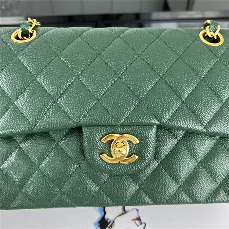 Small CLASSIC HANDBAG Grained Calfskin Gold Metal Green A