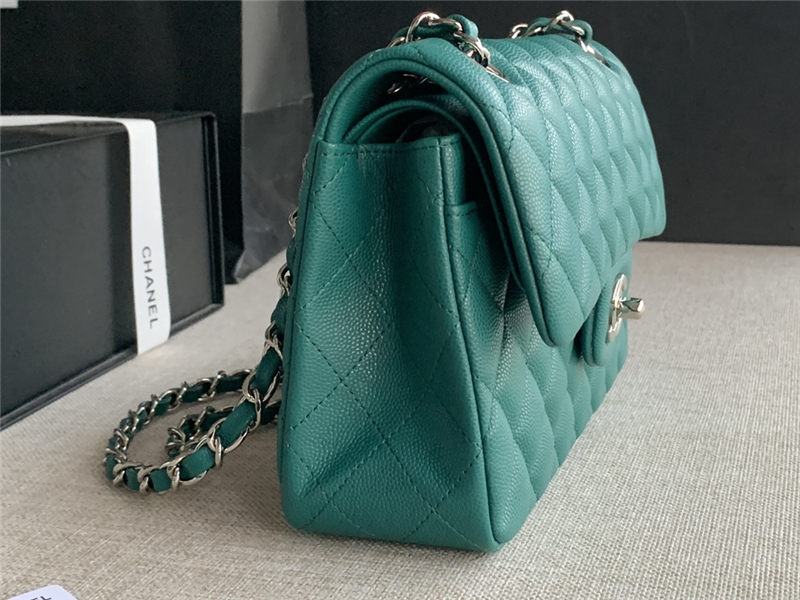 Small CLASSIC HANDBAG Grained Calfskin Silver Metal Green A