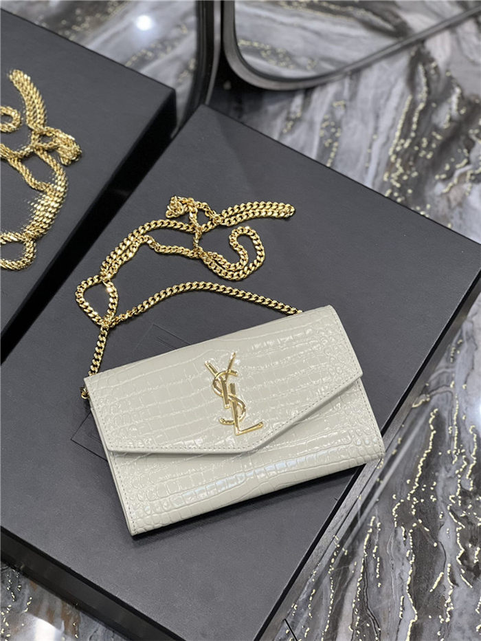 UPTOWN CHAIN WALLET IN CROCODILE-EMBOSSED SHINY LEATHER White High