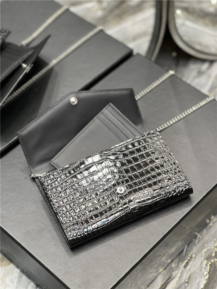 UPTOWN CHAIN WALLET IN CROCODILE-EMBOSSED SHINY LEATHER Black High