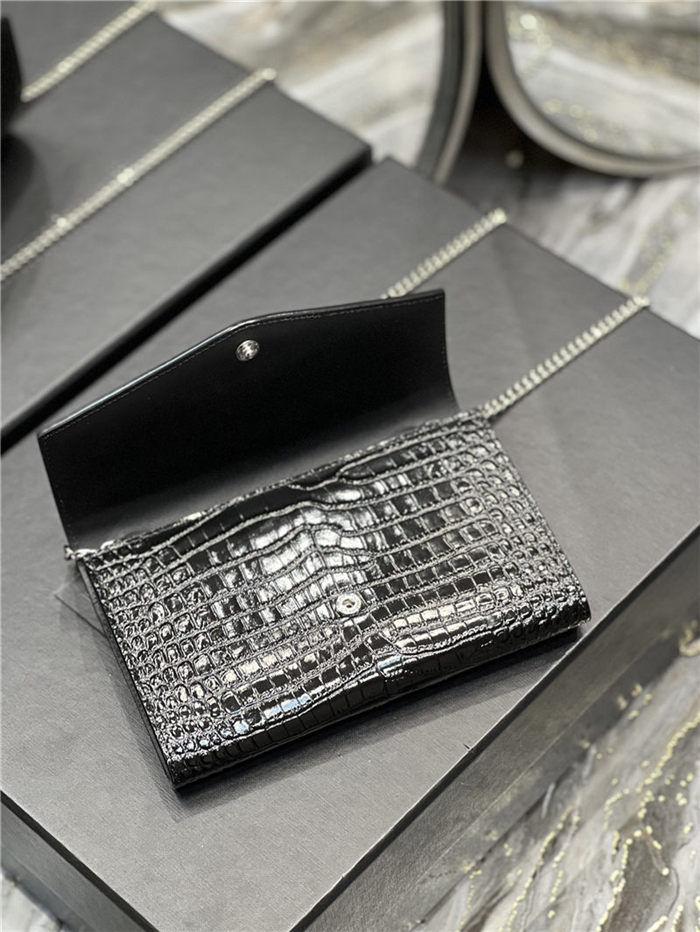 UPTOWN CHAIN WALLET IN CROCODILE-EMBOSSED SHINY LEATHER Black High