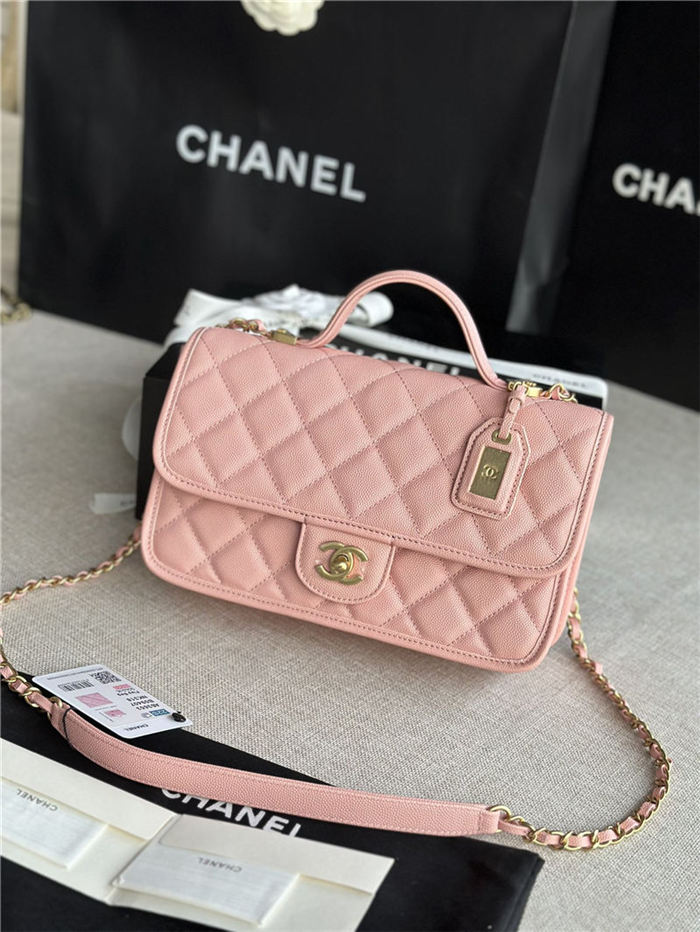 Chanel FLAP BAG WITH TOP HANDLE Grained Calfskin & Gold-Tone Metal AS3653 Pink A