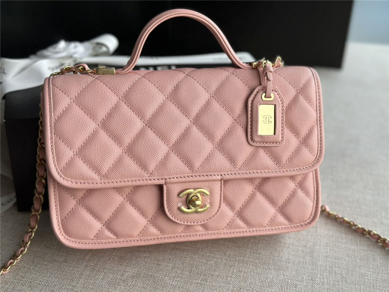 Chanel FLAP BAG WITH TOP HANDLE Grained Calfskin & Gold-Tone Metal AS3653 Pink A