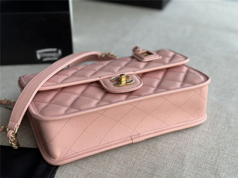 Chanel FLAP BAG WITH TOP HANDLE Grained Calfskin & Gold-Tone Metal AS3653 Pink A