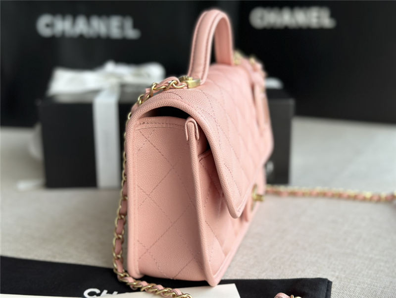 Chanel FLAP BAG WITH TOP HANDLE Grained Calfskin & Gold-Tone Metal AS3653 Pink A