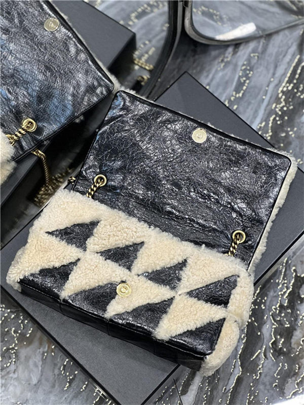 JAMIE MEDIUM CHAIN BAG "CARRÉ RIVE GAUCHE" IN SUEDE AND SHEARLING PATCHWORK High