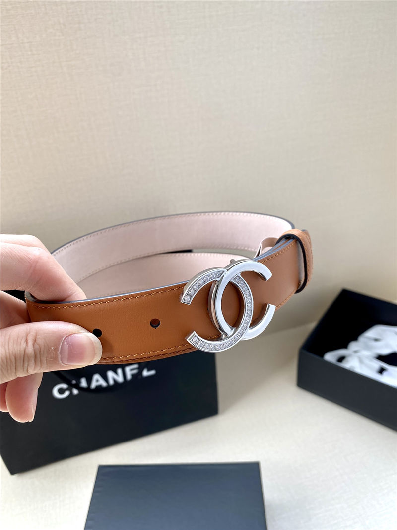 Chanel BELT Calfskin Gold/Silver Metal & Strass 30MM 2-1027 Brown 2022 High