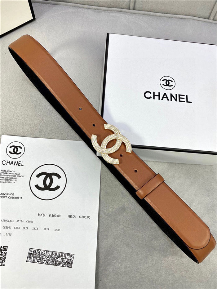 Chanel BELT Calfskin Gold/Silver Metal & Strass 30MM 2-1005 Brown 2022 High