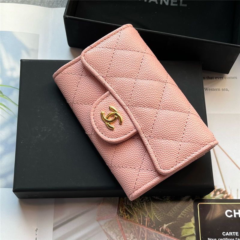 CLASSIC CARD HOLDER AP0214 Grained Calfskin Pink Gold-Tone Metal High